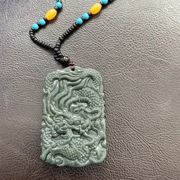 Large Nephrite Jade Carving Dragon Pendant Necklace Men