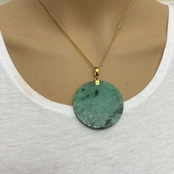 14K Solid Real Gold Carved Jade Plain Green Round Pendant Large