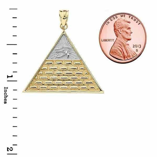 14k Solid Gold Eye Of Horus Pyramid Pendant Necklace In Two Tone Yellow/ White