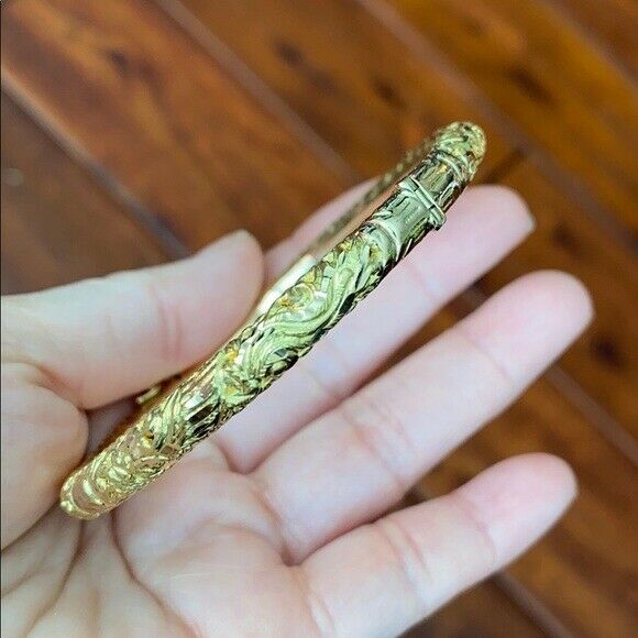 18K Real Fine Yellow Gold Engraved Dragon Phoenix Round Bangle Bracelet 58 mm