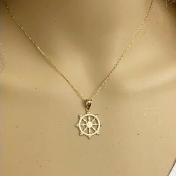 10k Solidl Yellow Gold Buddhism Dharmachakra Dharma Wheel Pendant Necklace