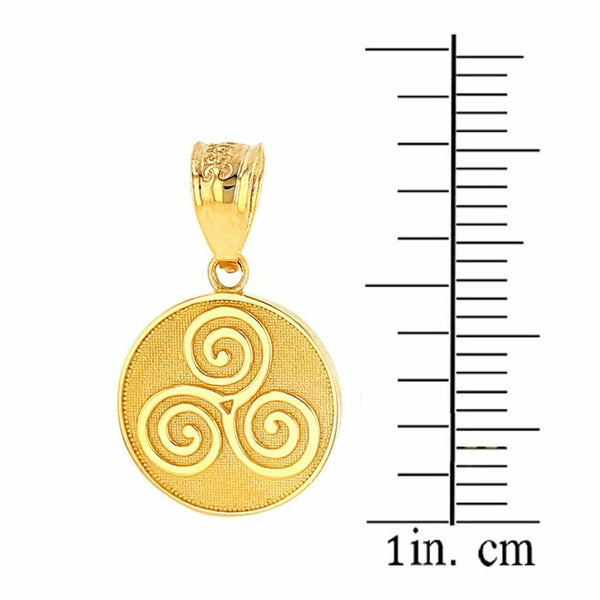 14k Solid Gold Celtic Triple Spiral Triskele Irish Medallion Pendant Necklace