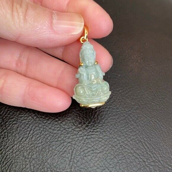 14K Solid Gold Guanyin Kwan Yin Female Buddha Natural Jade Pendant Small Size