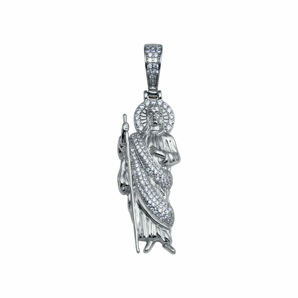 925 Sterling Silver Saint St. Jude Hip Hop CZ Pendant Necklace