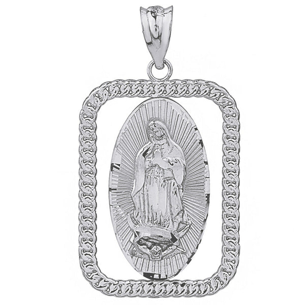 Pure Silver Our Lady of Virgen De Guadalupe Rectangular Frame Pendant Necklace