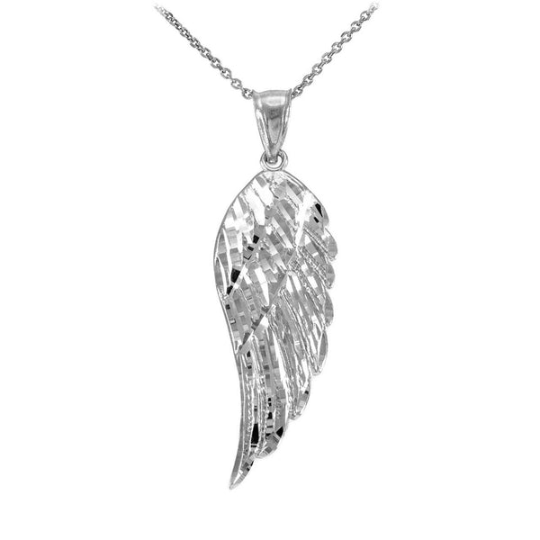 14k Solid White Gold Medium Angel Wing Pendant Necklace