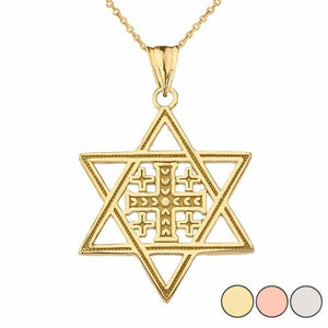 14k Solid Yellow Gold Jerusalem Cross In Star Of David Pendant Necklace