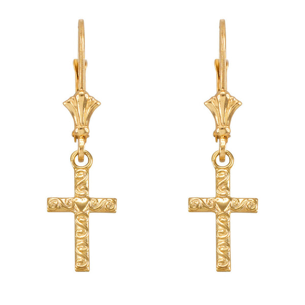 10k Yellow Gold Swirl Twirl Design Heart Cross Drop / Dangle Leverback Earrings