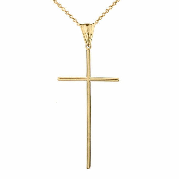 10k Solid Yellow Gold Dainty Thin Simple Long Cross Pendant Necklace