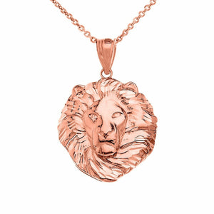 14K Solid Fine Rose Gold Men's Textured Lion Head Small Pendant Necklace