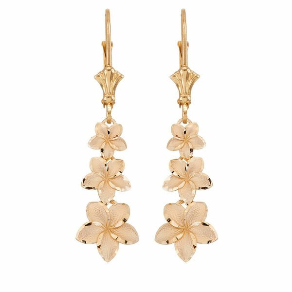 14k Solid Real Yellow Gold Elegant Plumeria Flower Leverback Earrings