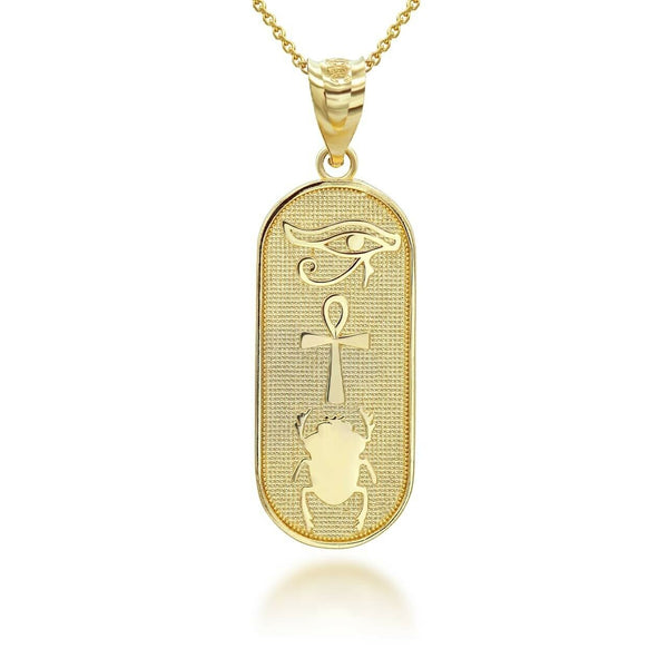 10K Solid Gold Egyptian Symbol Eye of Horus Ankh Scarab Beetle Pendant Necklace
