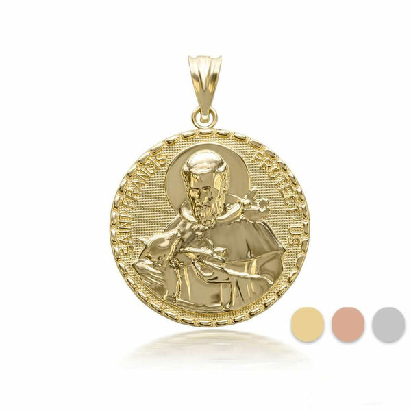 14K Solid Gold 3D Saint Francis Protect Us Pendant Necklace