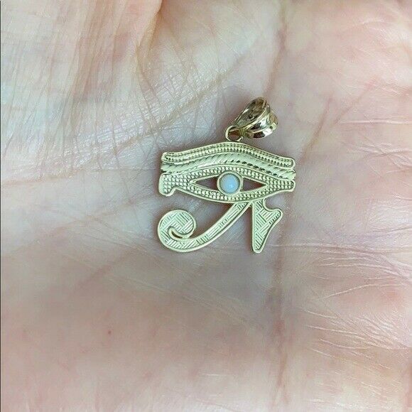Solid Yellow Gold 14K Eye Of Horus (Ra) With Opal Center Stone Pendant Necklace