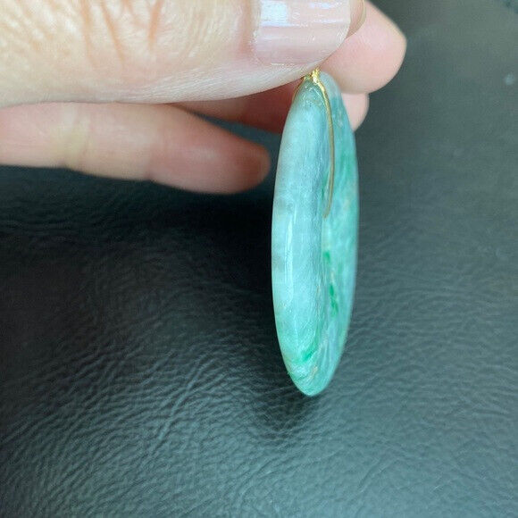 14K Solid Yellow Gold Round Large Donut Natural Jade Pendant Charm Green