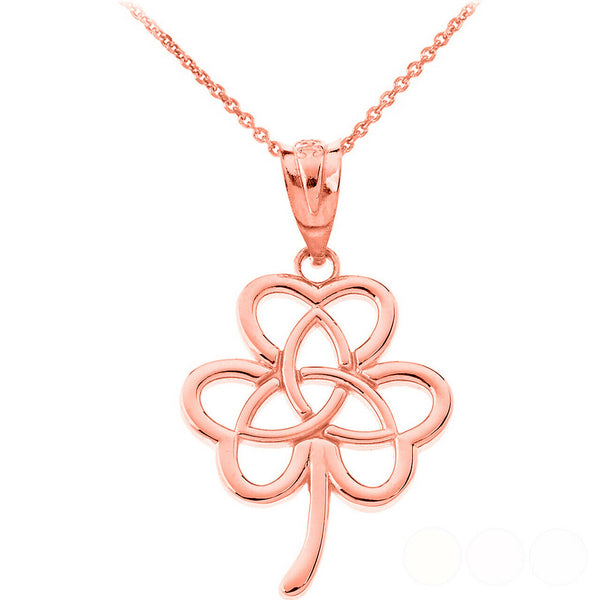 14K Solid Gold Celtic Triquetra Trinity Knot Flower Pendant Necklace