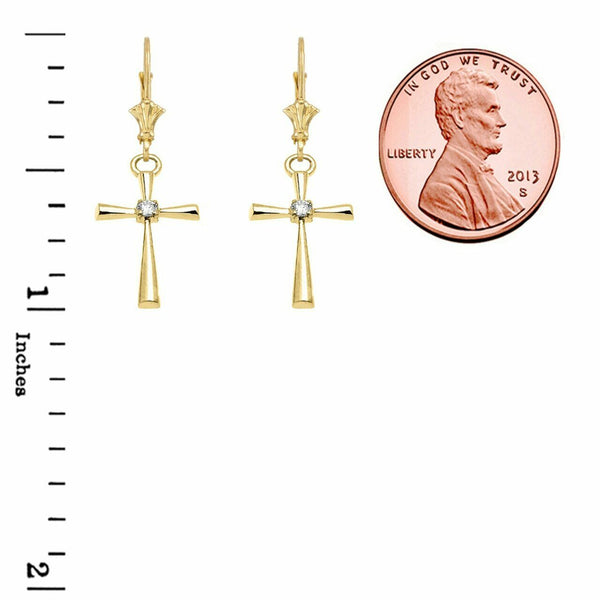 14K Solid Yellow Gold Solitaire Diamond Cross Leverback Earrings