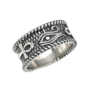 Eye of Horus with Egyptian Ankh Crosses 925 Sterling Silver Unisex Ring Any Size