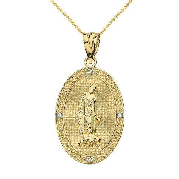 14k Solid Gold Saint Lazarus Engravable Oval Medallion Diamond Pendant Necklace