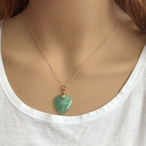 14K Solid Gold Heart Green Jade Pendant Necklace 18" in Cable chain 18K Pendant