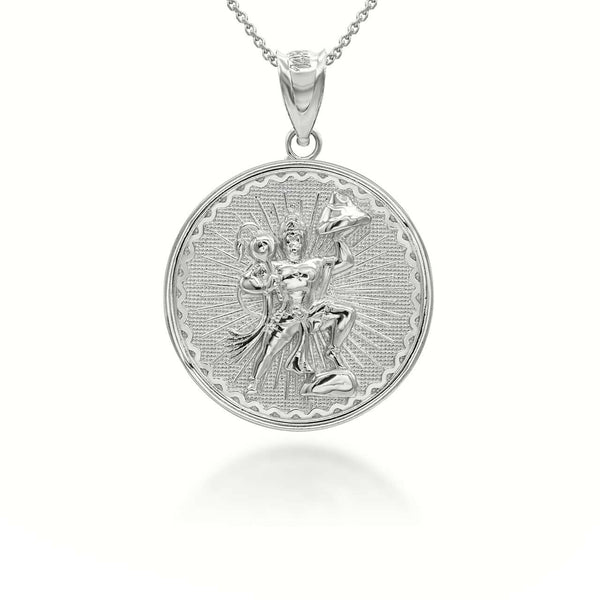 .925 Sterling Silver Lord Hanuman Hindu God Coin Pendant Necklace