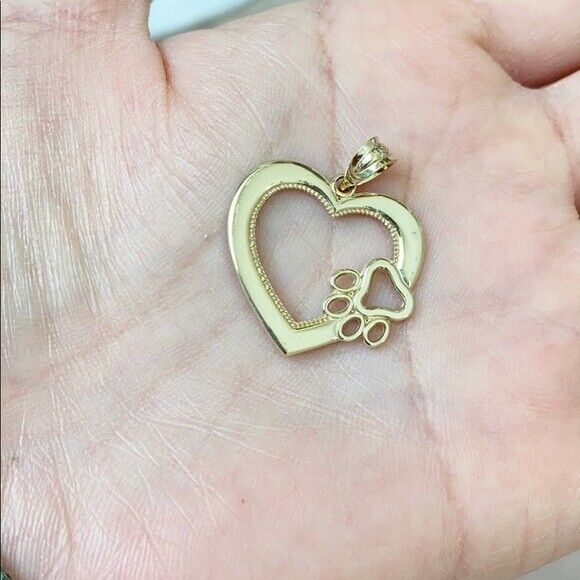 Solid 10k Yellow Gold Heart Paw Print Pendant Necklace 16" 18" 20" 22"