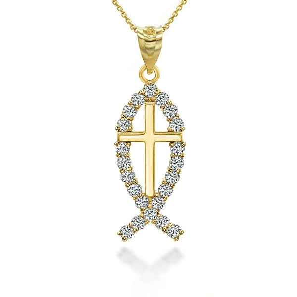 10K Solid Gold Christian Cross Jesus Christ Ichthus Fish Pendant Necklace
