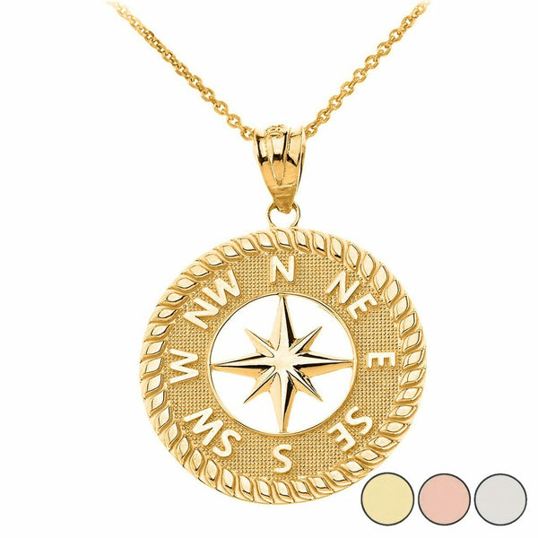 Solid 10k Yellow Gold Navigation Compass Circle Pendant Necklace