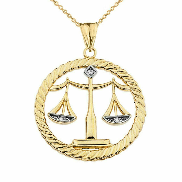Solid 14k Yellow Gold Diamond Scales of Justice Rope Pendant Necklace