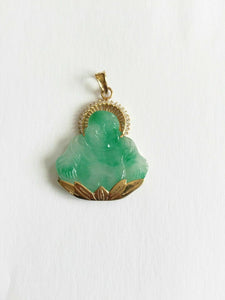 14K Solid Gold Happy Laughing Male Buddha Jade Religious Pendant