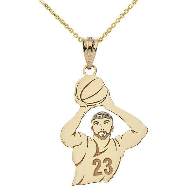 Personalize Name Number 10k 14k Solid Gold Basketball Player Pendant Necklace