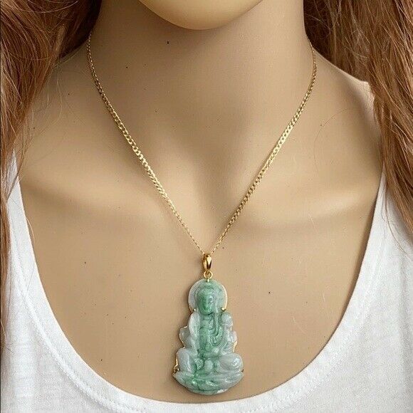 14K Solid Real Yellow Gold Natural Jadeite Jade Kwan Yin Lady Buddha Pendant 702