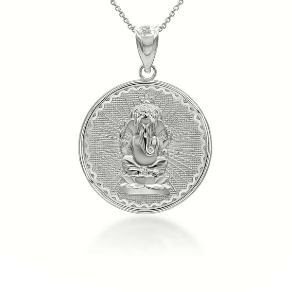14K Solid Gold Lord Ganesha Hindu Coin Pendant Necklace -Yellow, Rose, or White