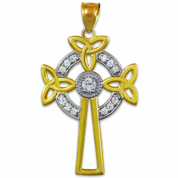 Solid 14k Two-Tone Gold Celtic Cross Trinity Knot Diamond Pendant Necklace