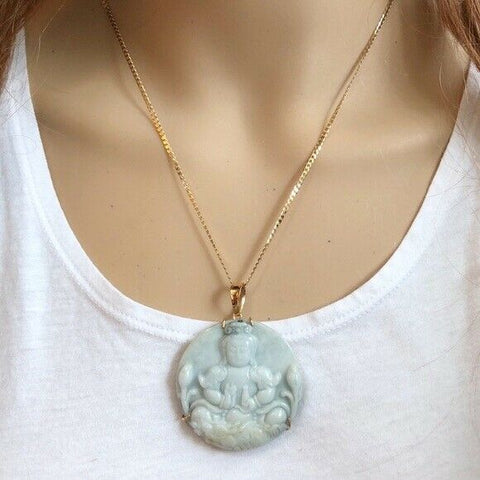 18K Solid Yellow Gold Kwan Yin Buddha Round Natural Jade Pendant -339 Heavy