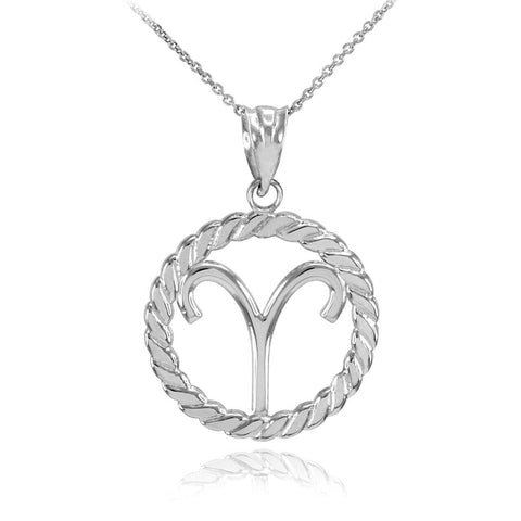 925 Sterling Silver Aries Zodiac Sign in Circle Rope Pendant Necklace 16"-22"