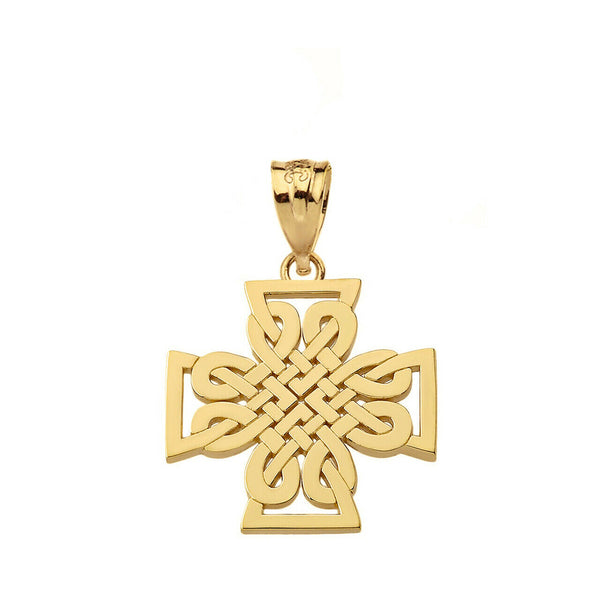 14K Solid Gold Religious Woven Celtic Knot Cross Unique Style Pendant Necklace