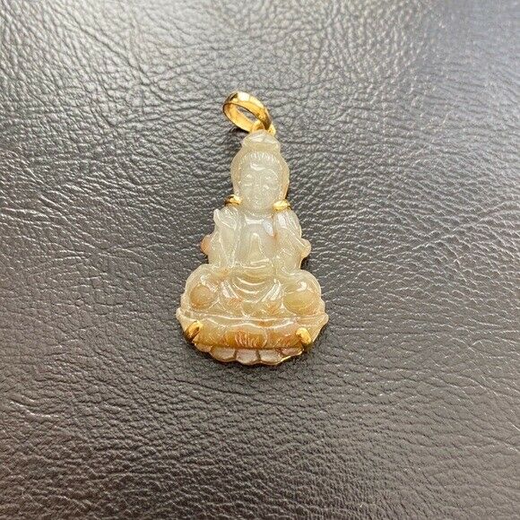 14K Real solid Gold Genuine Natural Jade Kwan Yin Lady Buddha Pendant Necklace