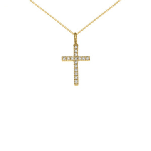 14k Solid Yellow Gold Mini Elegant Diamond Cross Pendant Necklace
