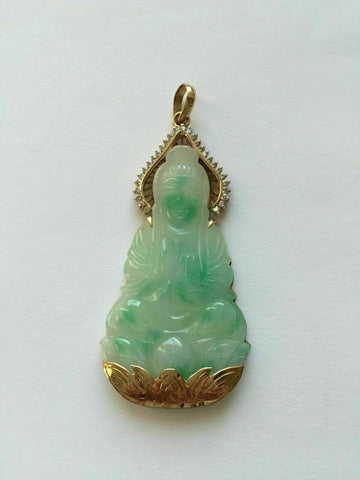 14K Solid Gold Guanyin Kwan Yin Female Buddha Jade Pendant Large