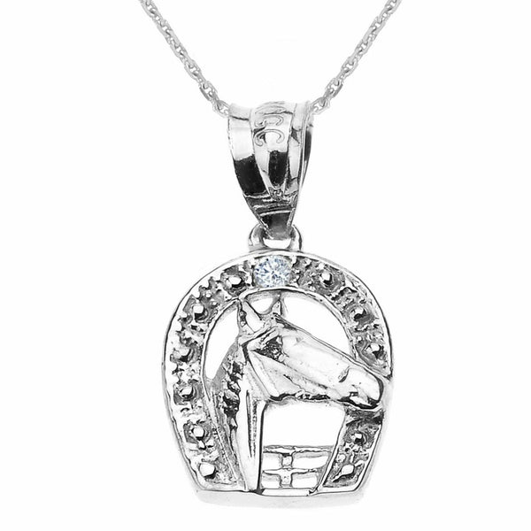 Solid 10k White Gold Diamond Horseshoe with Horse Head Pendant Necklace