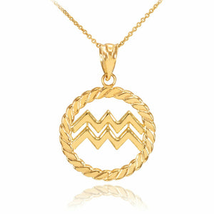 14K Solid Gold Aquarius Zodiac Sign in Circle Rope Pendant Necklace