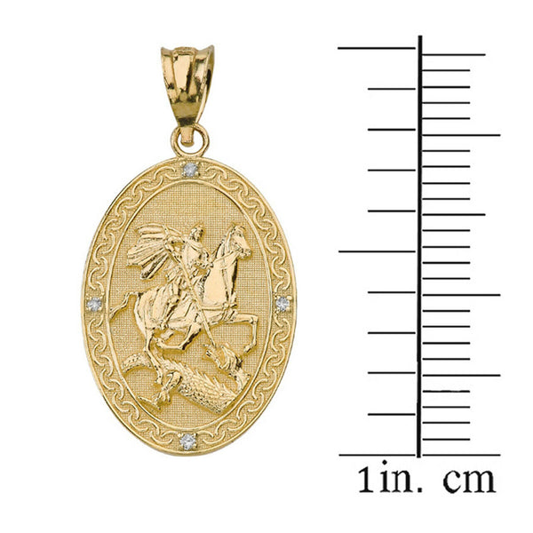 Solid 10k Gold Diamond Saint St. George the Dragon Prayer Oval Pendant Necklace