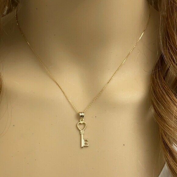 14k Real Yellow Gold Open Love Heart Key Letter E Pendant Necklace Valentine's