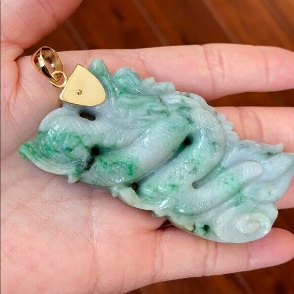 14K Large Real Gold Natural Jadeite Jade Carved Dragon Pendant 706 Heavy Thick