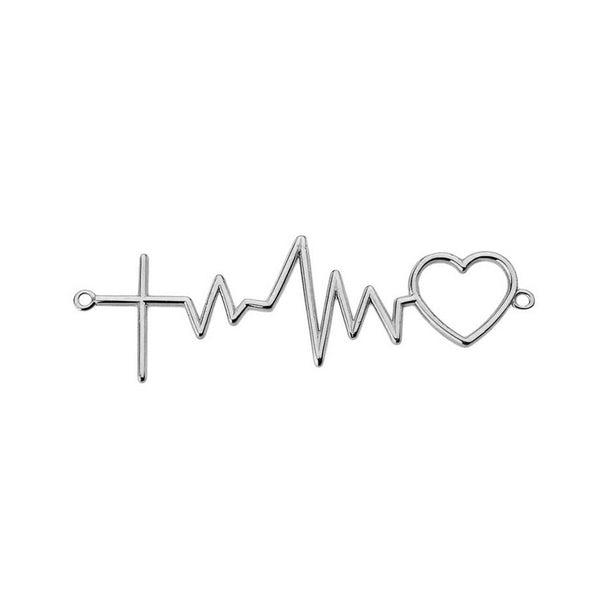 14k Solid White Gold Heart Beat Heartbeat with Cross Pendant Necklace