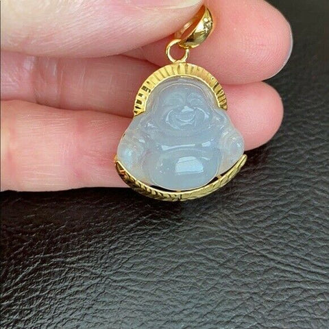 14K Solid Real Gold Natural Icy Jadeite Jade Happy Laughing Buddha Pendant 829