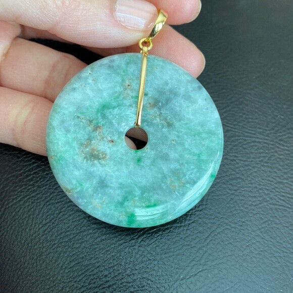 14K Solid Yellow Gold Round Large Donut Natural Jade Pendant Charm Green