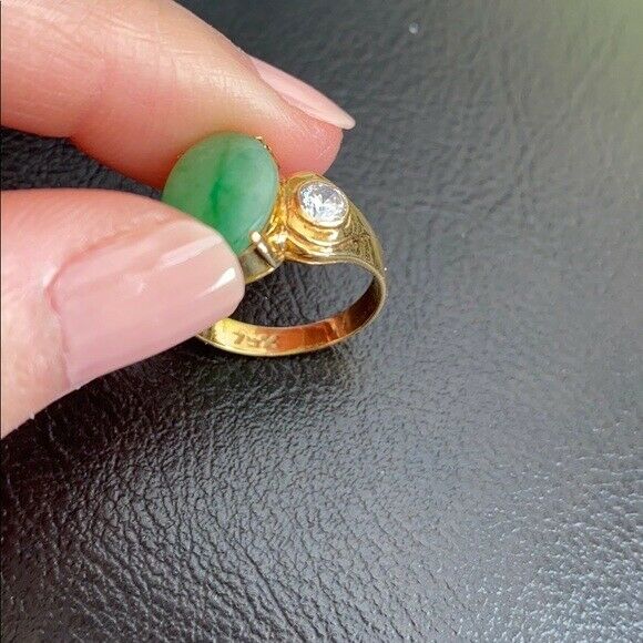 14K Solid Yellow Gold Oval Green Jade CZ Ring Size 5.5