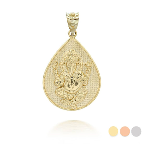 14K Solid Gold Hindu Lord Ganesha Pendant Necklace - Yellow, Rose, or White Gold